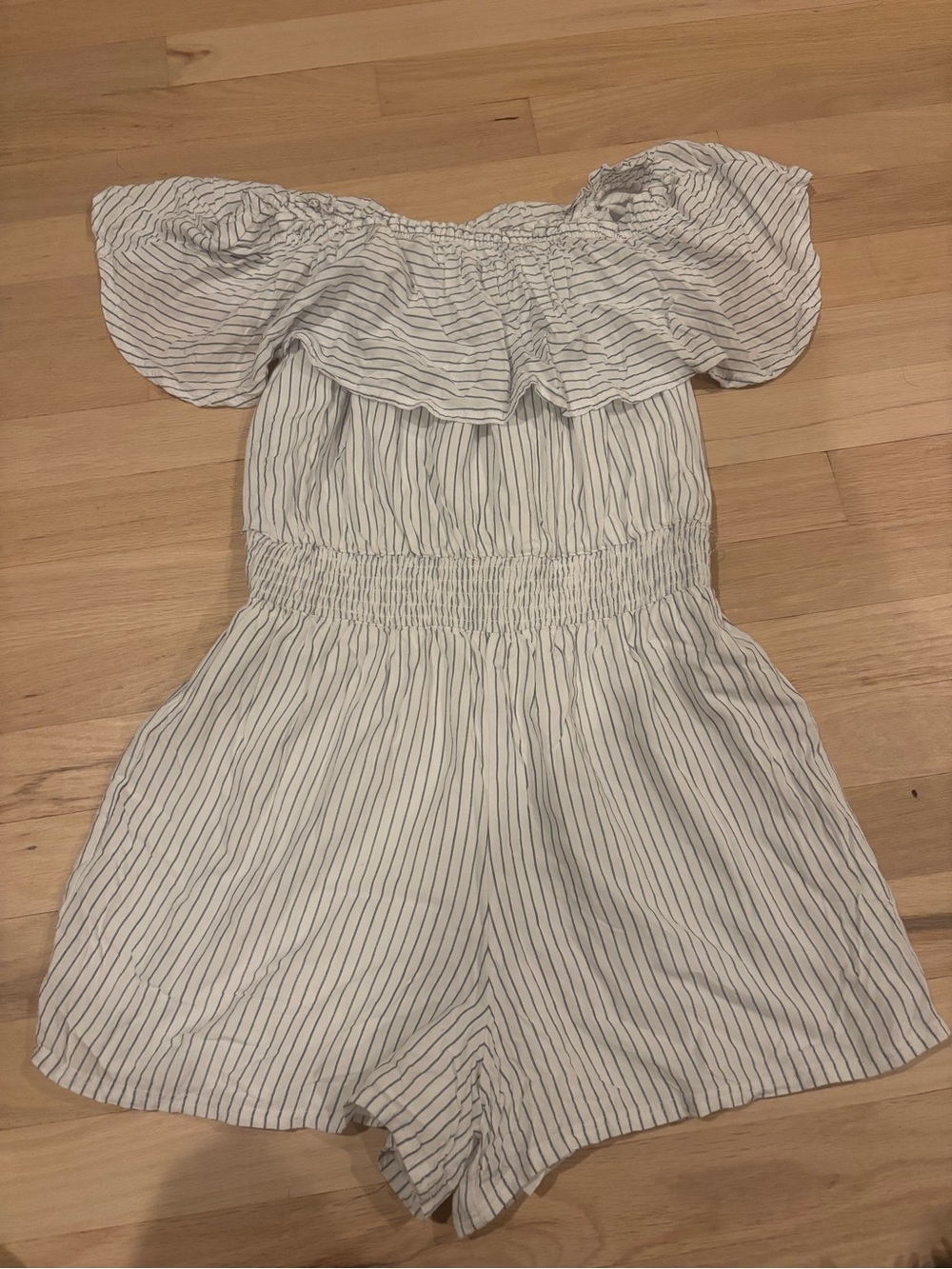 Abercrombie & Fitch White Off-Shoulder Romper with Navy Stripes